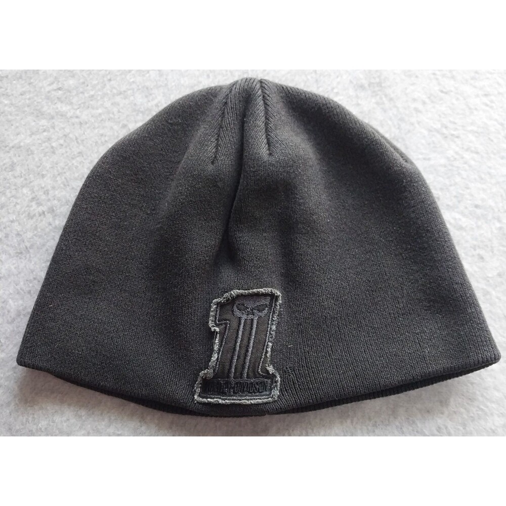 Harley-Davidson Dark Custom #1 Skull Knit Beanie Black Willie G Distressed Patch